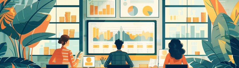 Poster - A diverse team analyzing data and graphs on screens, surrounded by greenery, signifying collaboration and modern business insights.