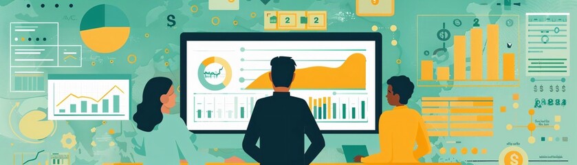 Poster - Business team analyzing data on a large screen with colorful graphs and charts, illustrating modern analytics and strategy.