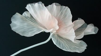 Wall Mural -   A single white flower centered on a black background with two long stems extending from the center of the flower