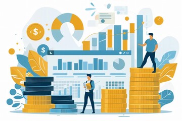 Poster - A vibrant illustration depicting financial growth, featuring charts, coins, and professionals analyzing data and trends.