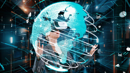 Wall Mural - Woman looking around analyzed world finance data through VR glasses uploading turn around global interface digital infographic network technology virtual 3D reality animation at server. Contraption.