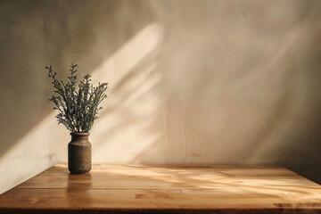 Poster - Sunlight casting shadows on a wooden table with a plant in a vase