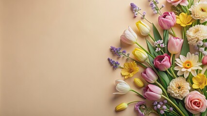 Wall Mural - Creative arrangement of spring flowers on beige background, spring, flowers, pastel, beige, arrangement, nature, minimal, colorful