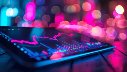Tablet laptop computer screen displaying an stock market trading graph, with pink and blue lights. graphs and data for analysis. Suitable for business presentations and financial reports