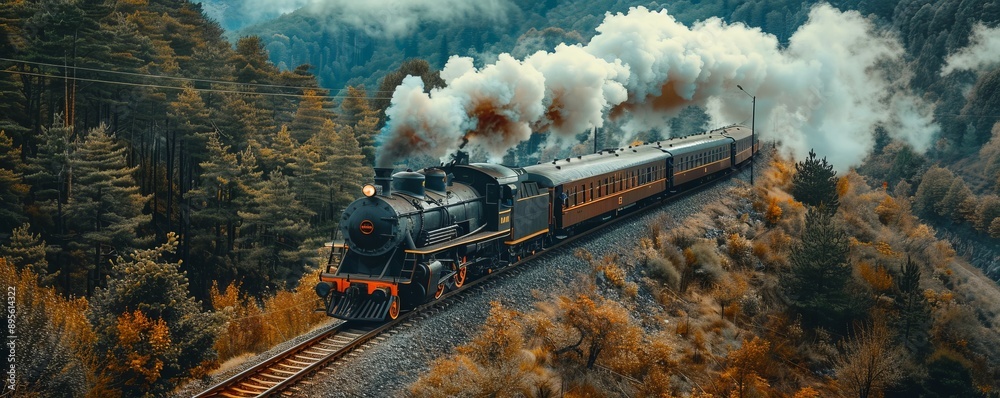 A vintage steam locomotive chugging along a scenic railway, its ...