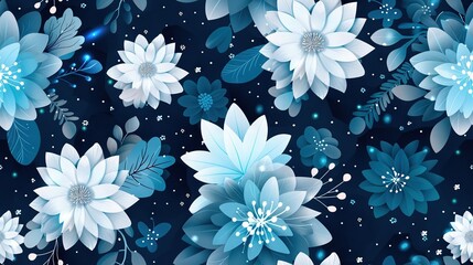   A stunning blue and white floral wallpaper featuring vibrant blue blossoms against a deep blue backdrop, adorned with glistening white stars and shimmering accents