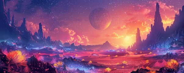 Wall Mural - a watercolor painting of a desolate alien planet with towering rock formations, glowing flora, and a