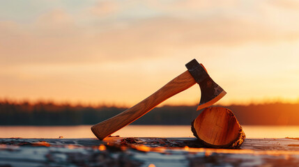 Axe on Chopped Log at Sunset