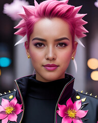 Retrato mujer con estética punk con el pelo rosa y blanco con peinado de formas puntiagudas y una chaqueta de cuero negro con dos flores de tela y tachuelas en los hombros