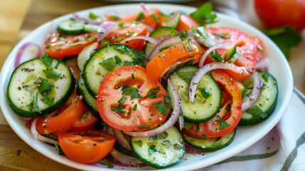 Canvas Print - A refreshing salad featuring sliced tomatoes, cucumbers, red onions, and parsley, perfectly seasoned and served on a white plate.