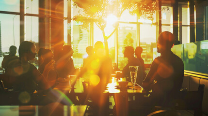 Wall Mural - Silhouetted figures engage in lively conversation inside a sunlit cafe, with golden sunlight creating a warm and inviting ambiance through large windows.