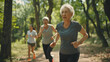 © VK Studio - Elderly women jogging in a lush, wooded area on a sunny day, embracing wellness and an active lifestyle.