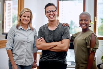 Poster - Business people, happy and teamwork portrait in office with confidence, startup company pride and solidarity. Professional, employees and collaboration at workplace with smile, group and support