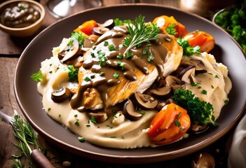 delicious hearty chicken marsala rich mushroom sauce savory herbs served fresh vegetables creamy mashed potatoes, flavor, meal, cooking, dinner, recipe, food, plate