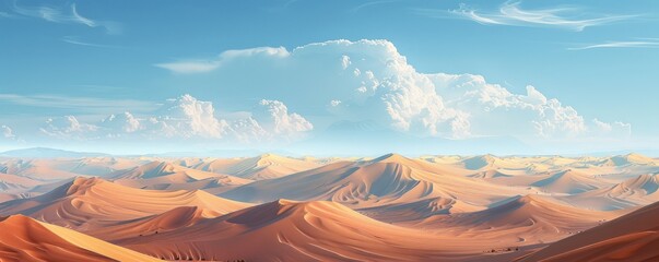 A vast desert landscape stretching as far as the eye can see, with dunes that rise and fall like waves.