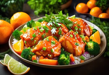 Canvas Print - delicious tangy orange chicken vibrant citrus garnished fresh herbs served colorful vegetables, glaze, sauce, meal, dish, flavor, texture, recipe, cuisine