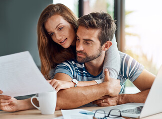 Poster - Couple, people and reading documents with laptop for tax, expenses and debt with interest rate. Home, relationship and explain for budget or saving plan for house finance, mortgage and bills