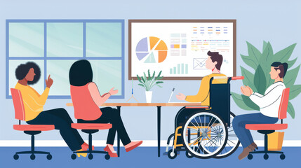 Poster - A diverse team in a meeting, including a person in a wheelchair actively participating in the discussion.