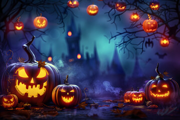 Wall Mural - Spooky halloween illustration, pumpkins castle, dark, cartoon style for kids. High quality photo