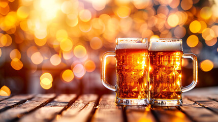 Wall Mural - Frothy beer mugs on a rustic wooden table in an outdoor Oktoberfest venue against bokeh background, highlighting the celebration's vibrant spirit. Copy space.