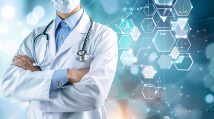 Doctor in Medical Uniform with Stethoscope Standing Against Futuristic Medical Background with Hexagonal Graphics, Ideal for Healthcare and Medical Technology