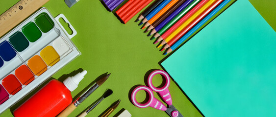 Back to school, Knowledge Day, September 1st. school stationery, pencils, notebooks, pens, brushes, educational process. background for the design.