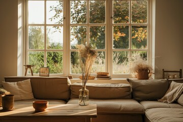 Wall Mural - Cozy living room interior with sofa, armchair, coffee table, plants, window and sunlit countryside view.