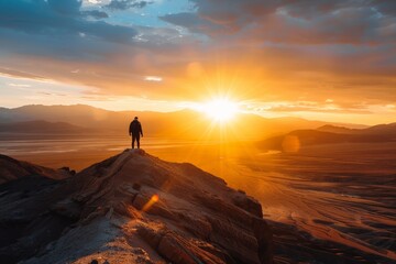 Silhouette of a hiker standing on a cliff top at sunset with a view of a desert landscape.