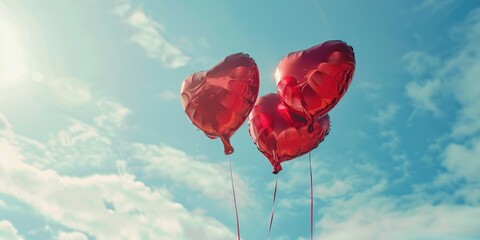 Wall Mural - Red heart shaped balloons in sky