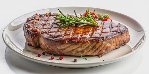 Deliciously grilled steak on a white plate , juicy, savory, grilled, barbequed, meal, dinner, food, sirloin, beef, cooked