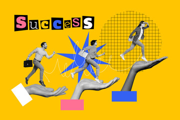 Aufkleber - Creative trend collage of young people start up workers hands support stairs achieve success unusual fantasy billboard comics