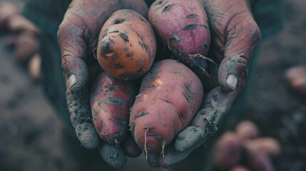 Poster - Rough, worn hands hold freshly harvested potatoes, emphasizing a connection to the earth and hard labor.