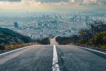 a road with a view of a city and a city in the background.