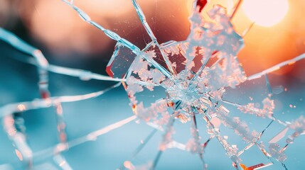   A close-up of a shattered glass window with sunlight shining behind it and a blurred background