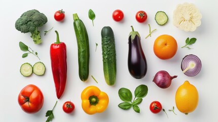 Wall Mural - artfully arranged fresh vegetables on a crisp white background vibrant colors pop as a variety of produce creates a visually appealing composition emphasizing health and natural beauty