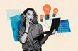 © deagreez - Trend artwork composite sketch image collage of wow face gesture hand woman omg news read display laptop idea lamp clever student project
