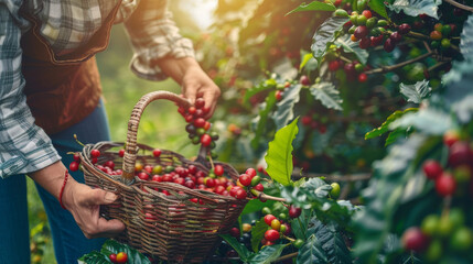 Poster - A person picking ripe coffee cherries and placing them in a woven basket in a sunlit coffee plantation.