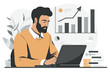 © Kitta Studio - Flat illustration of a bearded man working on a laptop, with a stack of coins and a graph with a growth arrow behind him at the table