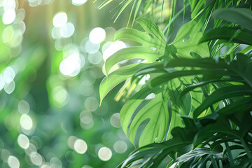 Wall Mural - green leaves summer theme, soft focus light and bokeh effect