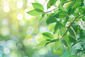 Wall Mural - green leaves summer theme, soft focus light and bokeh effect