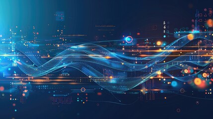 Poster - A background featuring a digital wave of data and technology symbols.