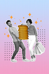 Poster - Creative drawing collage picture of funny young couple shopping bags shopaholic pay golden coins freak bizarre unusual fantasy billboard