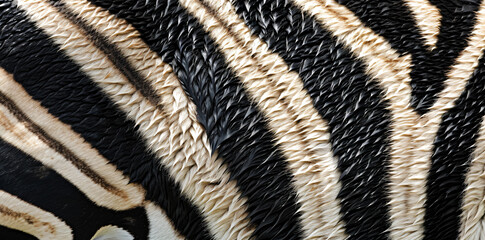 Poster - A close up of the back skin texture with vertical black and white stripes on an African zebra