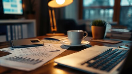 Poster - A close-up of a desk with a laptop, financial reports, and a cup of coffee.