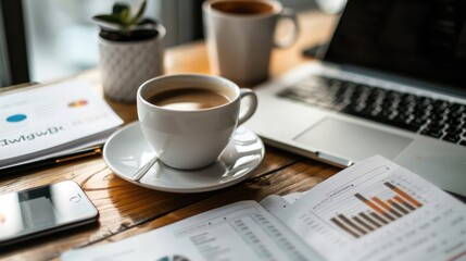 Poster - A close-up of a desk with a laptop, financial reports, and a cup of coffee.