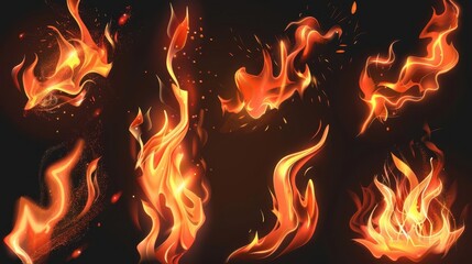 Wall Mural - dynamic set of realistic flame elements on black background vibrant oranges and reds with glowing embers and rising sparks for dramatic design compositions