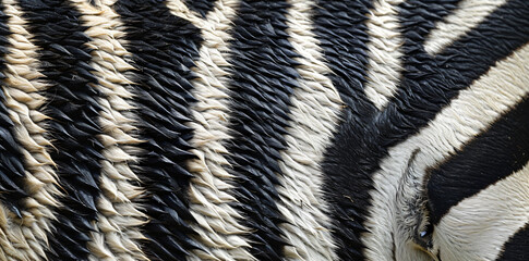 Poster - A close up of the back skin texture with vertical black and white stripes on an African zebra