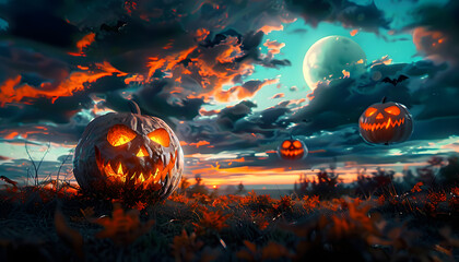 Wall Mural - Spooky halloween pumpkin sky concept art illustration