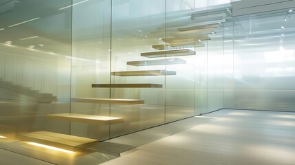 Wall Mural - ethereal glass staircase in modern office floating wooden steps minimalist design with soft ambient lighting and reflective surfaces