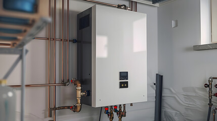 modern tankless water heater installed in a basement, the unit is connected to copper pipes and is mounted on a wall in a clean, organized utility room. Tsleek design and functionality